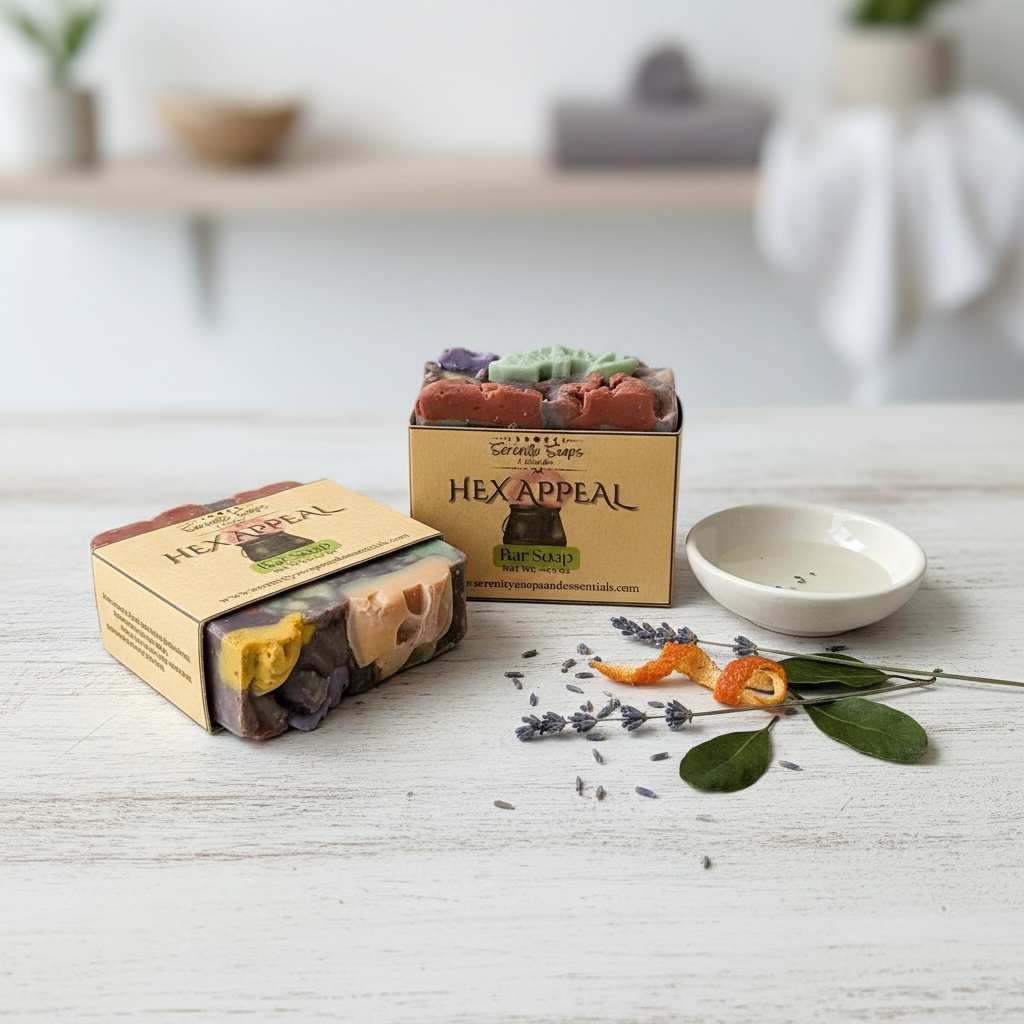 Hex Appeal soap set with packaging on a wooden surface with decorative elements.