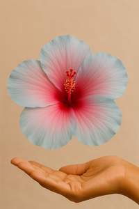 Hand holding a large, detailed flower against a beige background