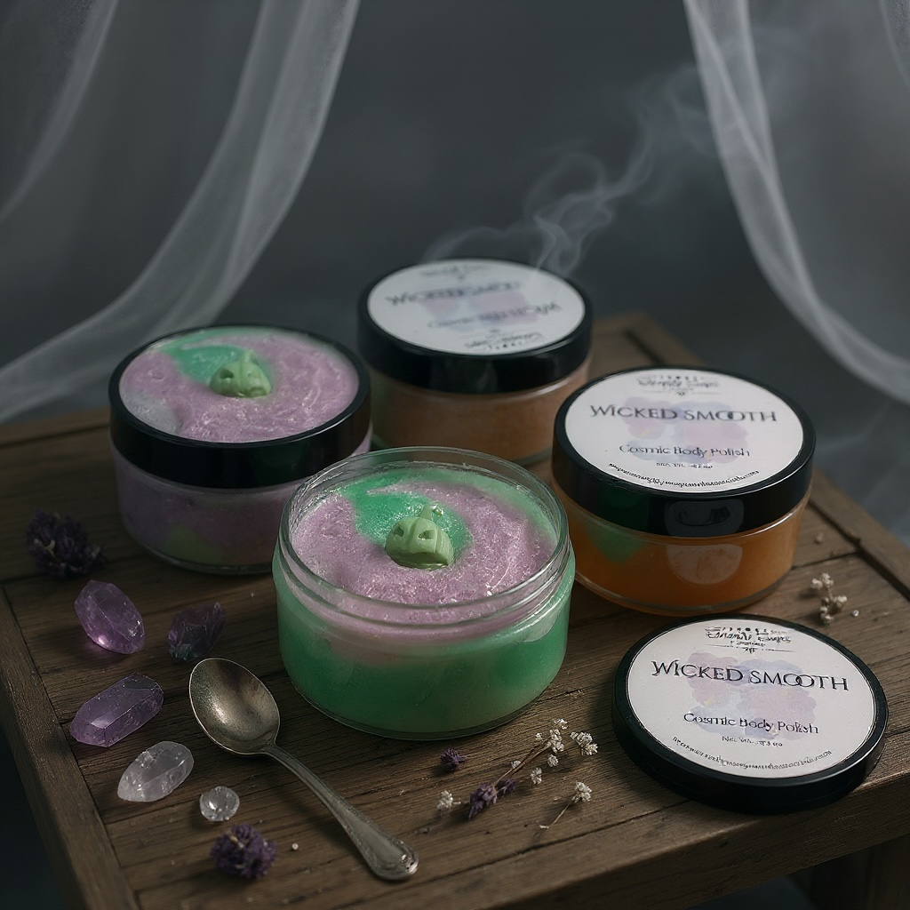 Jars of 'Wicked Smooth' cosmetic body polish on a wooden surface with decorative elements.