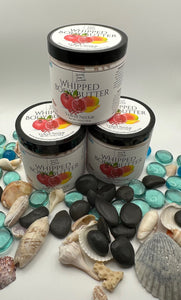 Jars of 'Whipped Body Butter' with beach-themed packaging on a white surface with seashells and stones.