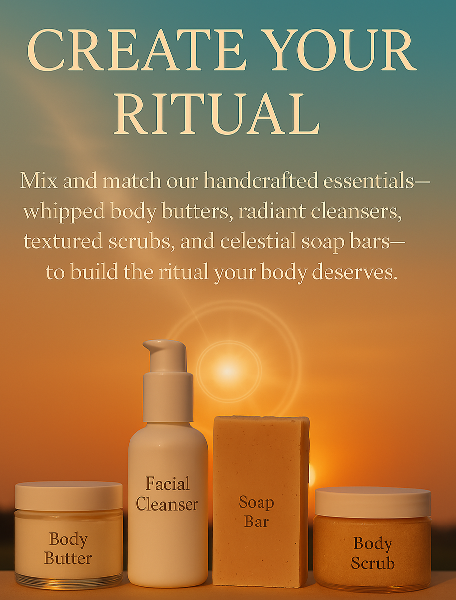 Cosmetic products with a sunset background and 'Create Your Ritual' text.